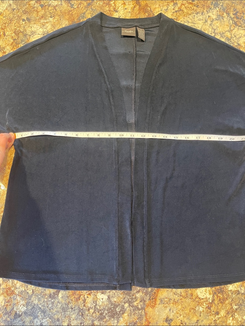 Traveler’s By Chicos Navy Short Cap Sleeve Open Front Cardigan Back Buttons - Picture 3 of 8